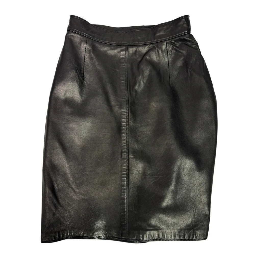 VTG 90s Genuine Leather Mini Pencil Skirt‎ Black Size 0 La Nouvelle Renaissance